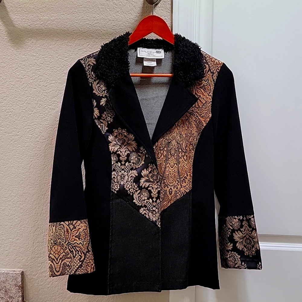 Beautiful suede, tapestry, denim tailored jacket.